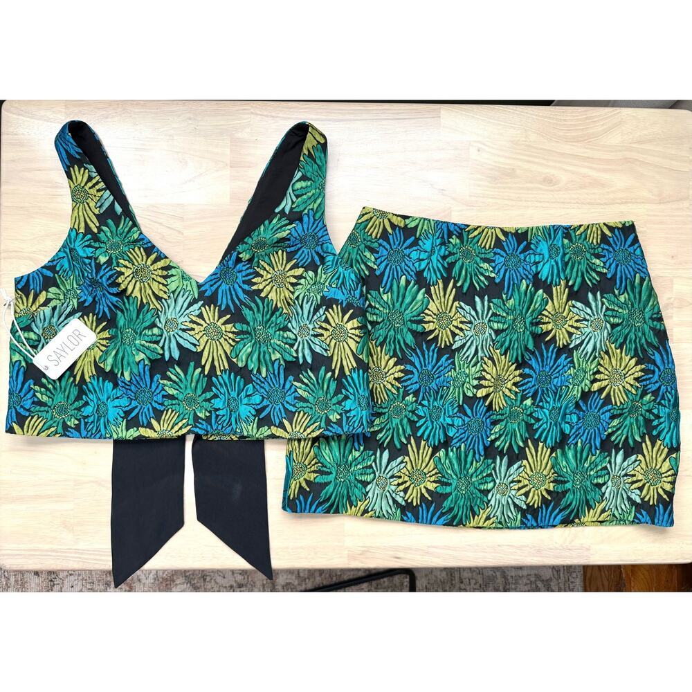 NWT Saylor Nila Floral Jacquard Mini Skirt Set Resort Party Fun Blue Green Small